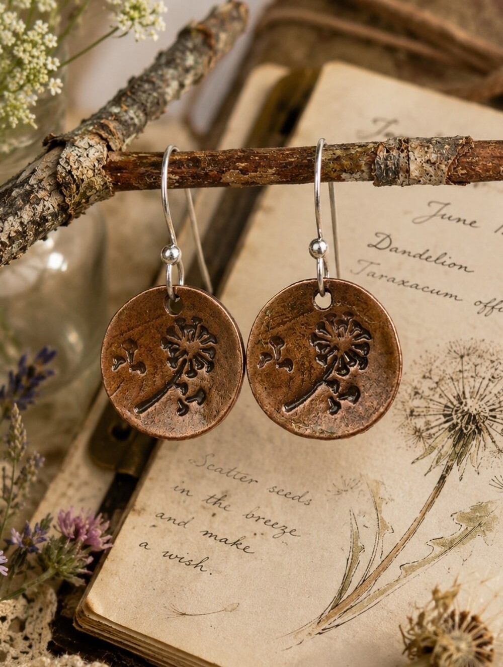 Dandelion Wish Earrings Botanical Rustic Copper Hand Crafted